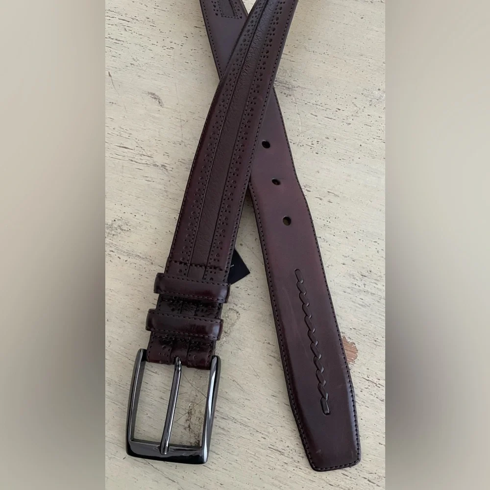 Mezlan Made in Spain Gun Metal Buckle Brogues Trim Leather Belt in Brown Size 42